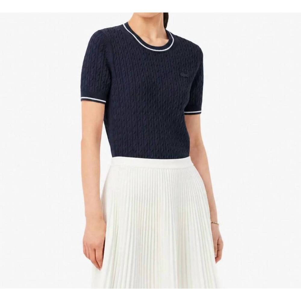 NEW LACOSTE short sleeved cable knit sweater in navy blue
